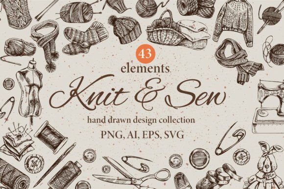 Download Knitting and Sewing Sketch Clipart Set - Wing Collection